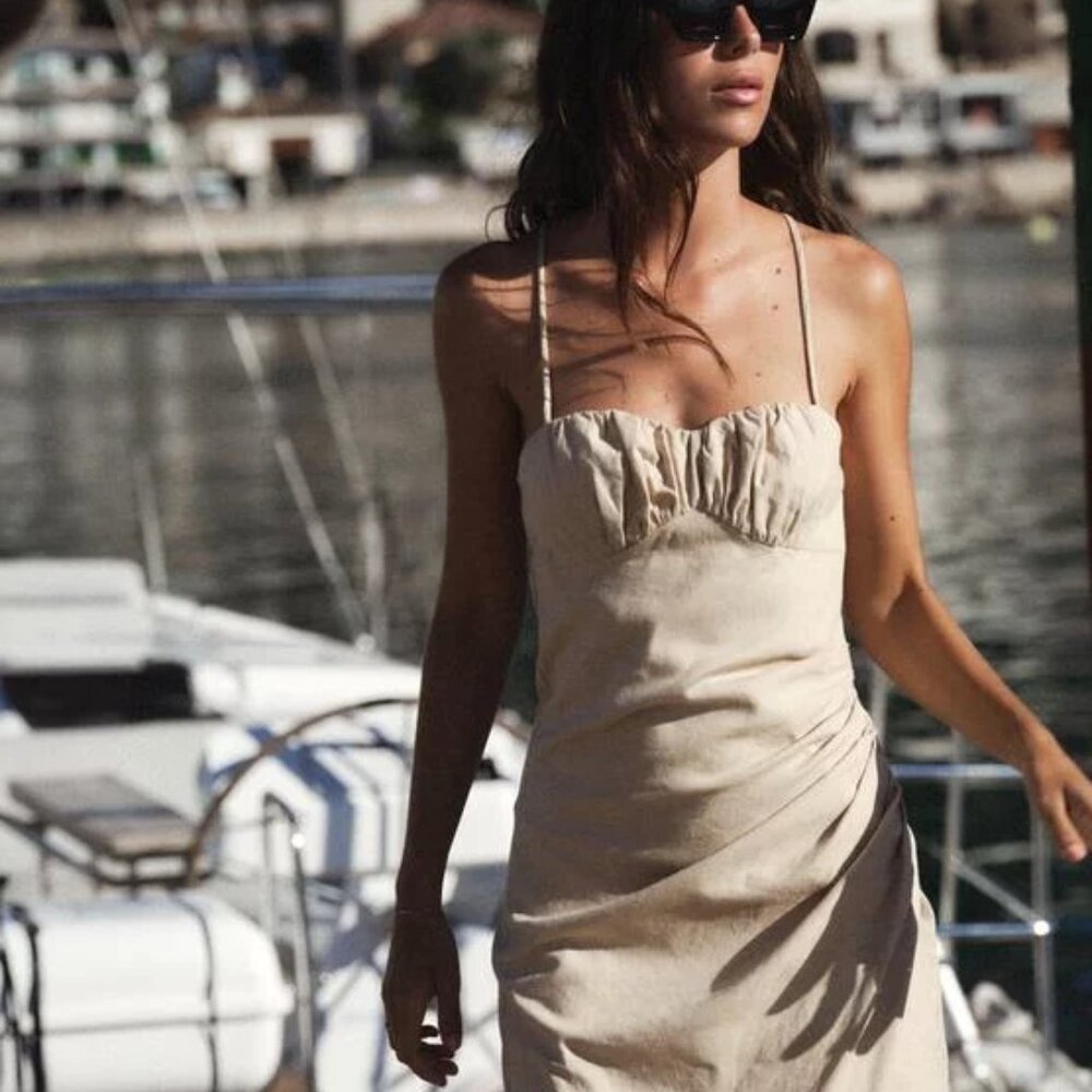 Zara Linen Cream Asymmetrical Ruched Halter Gown Size Large